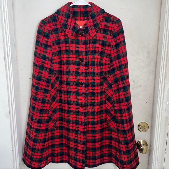 Vintage Pendleton Wool Red Tartan Plaid Button Front Cape Coat Fall Winter Sz 12 - Picture 1 of 7